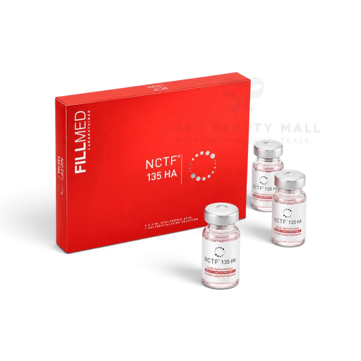 jakobeautypro.com Fillmed NCTF 135 HA 青春動能素套裝，包含紅色包裝盒與三瓶透明液體安瓶，用於肌膚修復與補水。